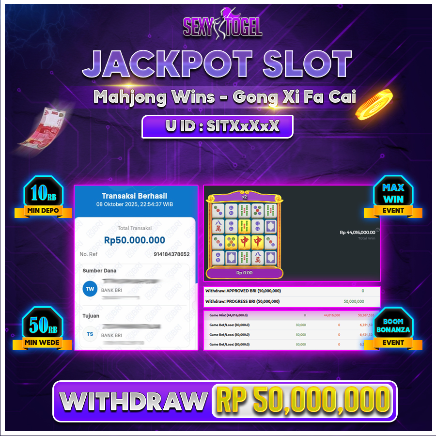 SEXYTOGEL JACKPOT SLOT MAHJONG WINS GONG XI FA CAI Rp.50.000.000.,- LUNAS