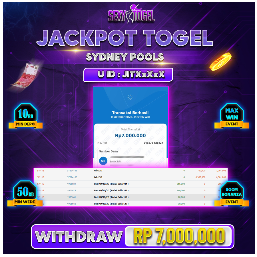 SEXYTOGEL JACKPOT TOGEL SYDNEY POOLS Rp.7.000.000.,- LUNAS