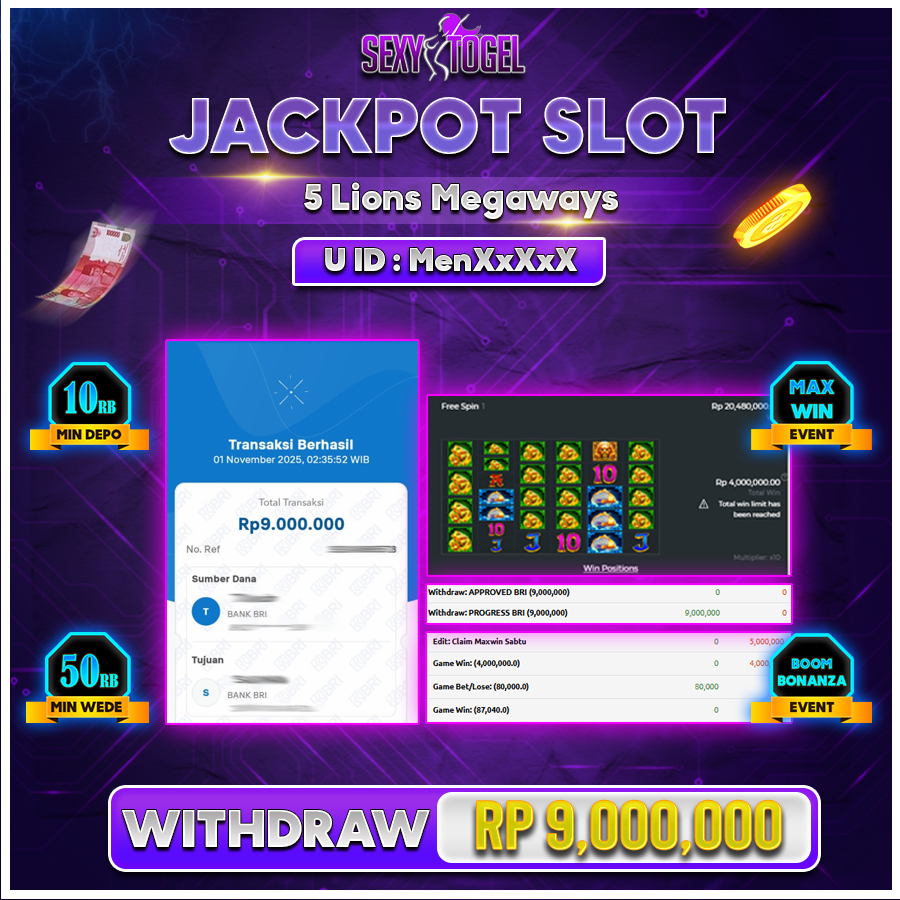 SEXYTOGEL JACKPOT SLOT 5 LIONS MEGAWAYS Rp.9.000.000.,- LUNAS