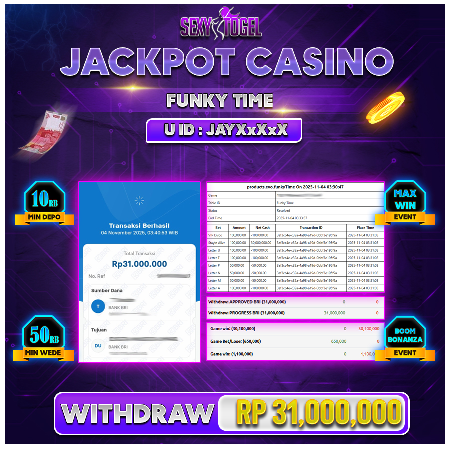 SEXYTOGEL JACKPOT LIVE CASINO FUNKY TIME Rp.31.000.000.,- LUNAS
