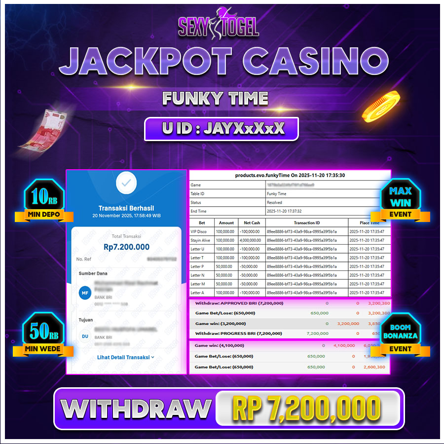 SEXYTOGEL JACKPOT LIVE CASINO FUNKY TIME Rp.7.200.000.,- LUNAS