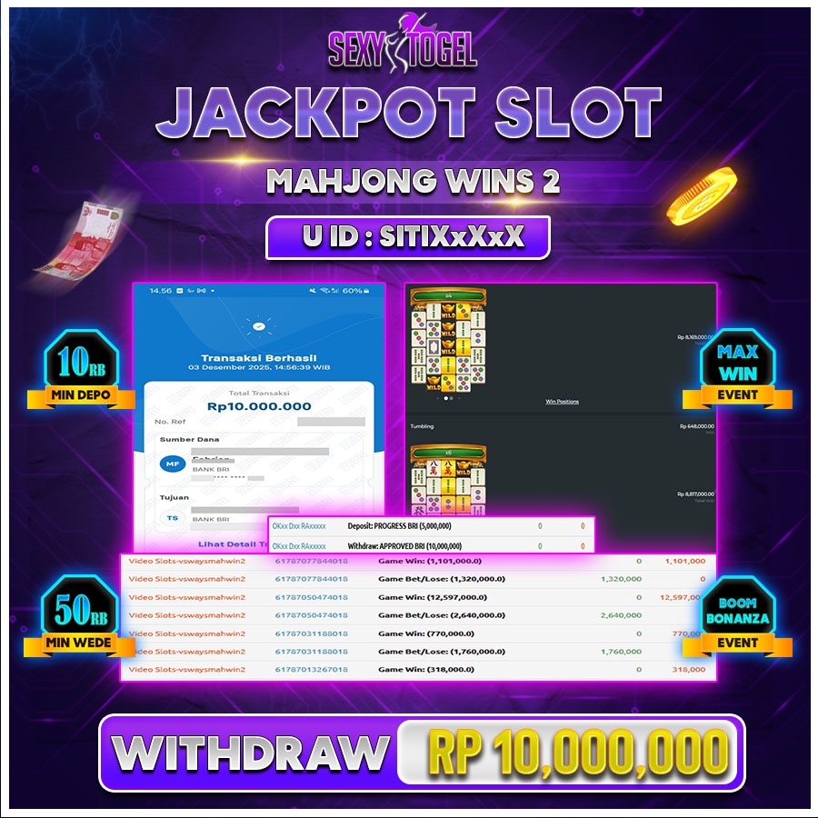 SEXYTOGEL JACKPOT SLOT MAHJONG WINS 2Rp.10.000.000.,-LUNAS