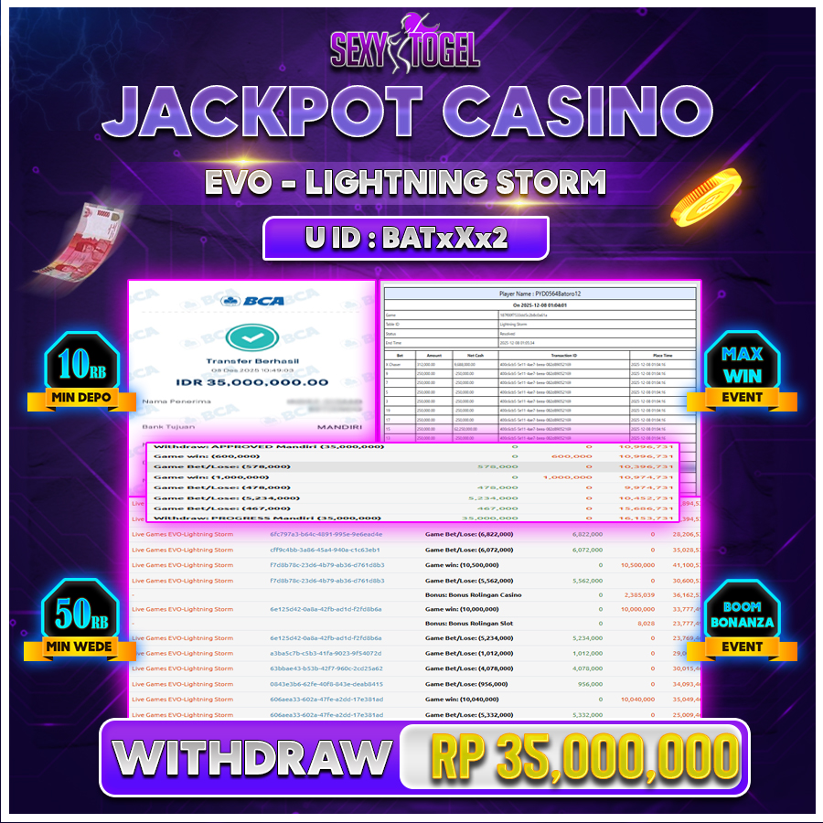 SEXYTOGEL JACKPOT CASINO EVO LIGHTNING STORM Rp 35.000.000.,- LUNAS