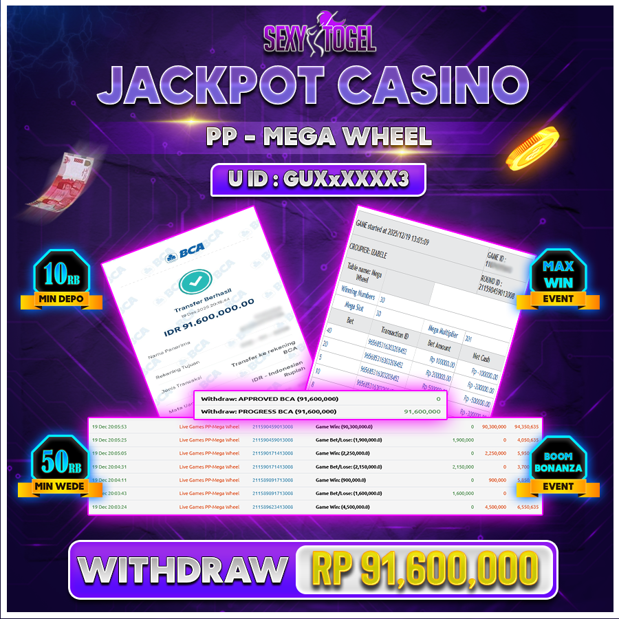 SEXYTOGEL JACKPOT CASINO PP MEGA WHEEL Rp 91.600.000.,-LUNAS