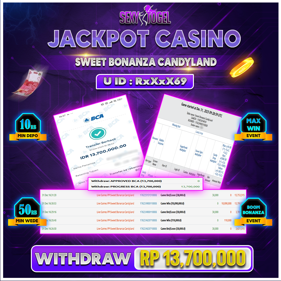 SEXYTOGEL JACKPOT CASINO SWEET BONANZA CANDYLAND Rp 13.700.000.,-LUNAS