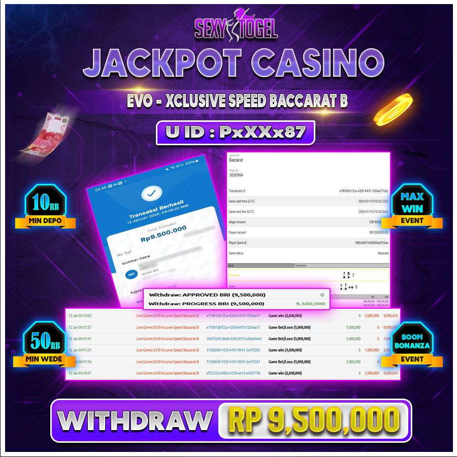 SEXYTOGEL JACKPOT CASINO EVO XCLUSIVE SPEED BACCARAT B Rp 9.500.000.,-LUNAS