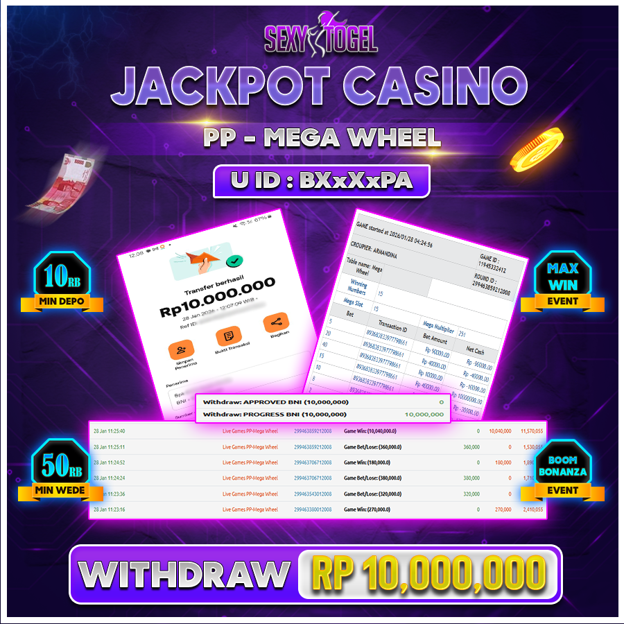 SEXYTOGEL JACKPOT CASINO PP MEGA WHEEL Rp 10.000.000.,-LUNAS
