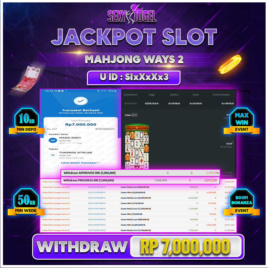 SEXYTOGEL JACKPOT SLOT MAHJONG WINS Rp.7.000.000.,-LUNAS