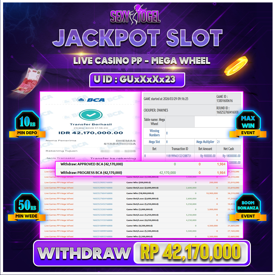 SEXYTOGEL JACKPOT CASINO PP MEGA WHEEL Rp 42.170.000.,-LUNAS