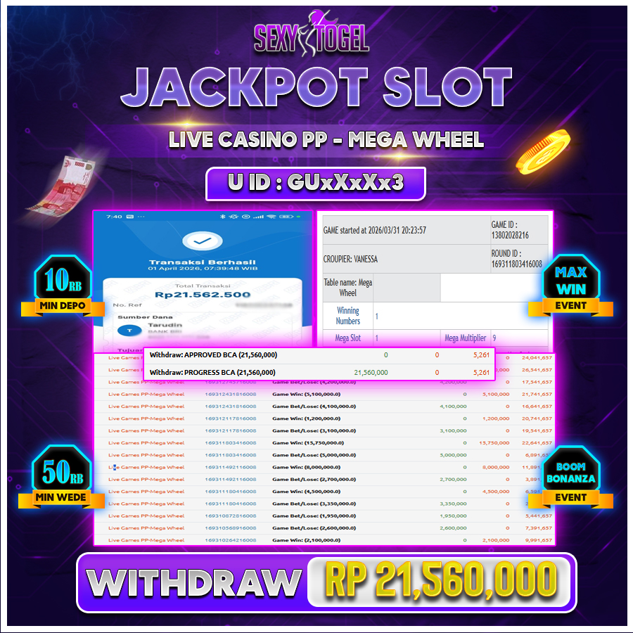 EXYTOGEL JACKPOT CASINO PP MEGA WHEEL Rp 21.560.000.,-LUNAS