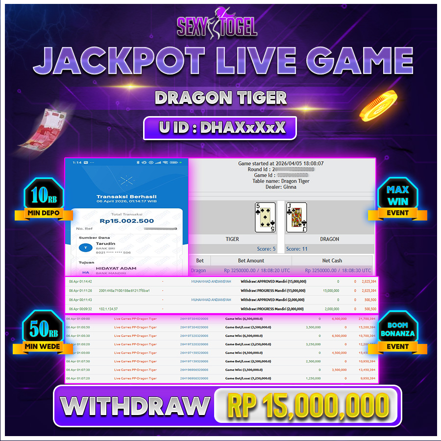 SEXYTOGEL JACKPOT LIVE GAMES DRAGON TIGER Rp 15.000.000.,-LUNAS