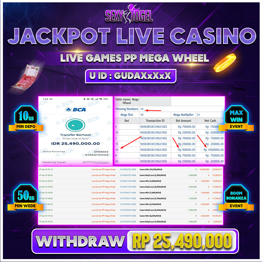 SEXYTOGEL JACKPOT LIVE CASINO PP MEGA WHEEL Rp 25.490.000.,-LUNAS