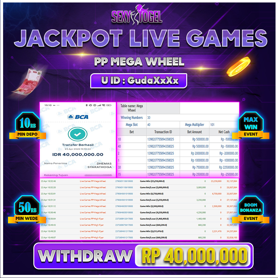 SEXYTOGEL JACKPOT LIVE GAMES PP-MEGA WHEEL Rp 40.000.000.,-LUNAS